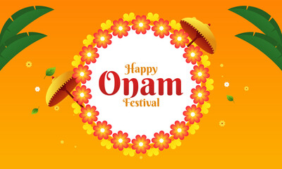 Happy Onam Festival Celebration with Floral Wreath and Umbrellas Flat Design Illustration.
