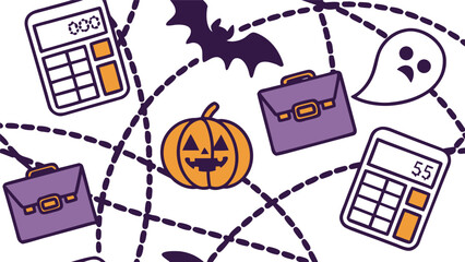 Cartoon halloween themed business pattern featuring bat, pumpkin, ghost, calculator and briefcase