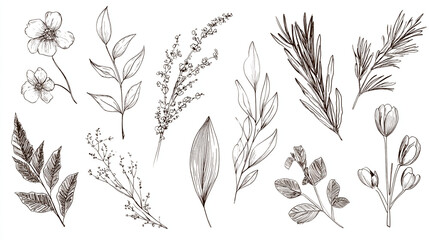 A collection of botanical sketches featuring flowers leaves and plant stems