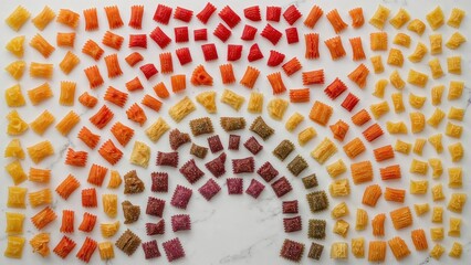 Colorful assorted pasta arranged in a rainbow pattern on a marble surface