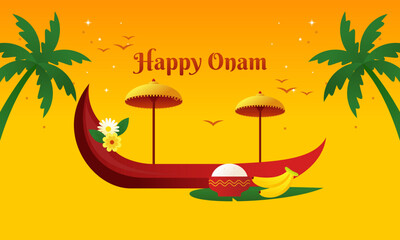 Happy Onam Festival Celebration with Snake Boat Flat Design Illustration. 