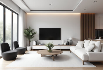 Modern Minimalist White And Black Living Room Interior With Wood Details