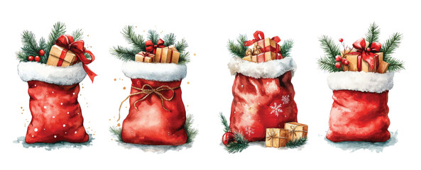 Watercolor Christmas Santa Claus's gift bag with present red gift box winter illustration New Year card