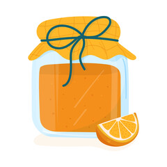 Vintage orange jam jar with fabric lid, string bow, and orange slice – minimalist vector illustration