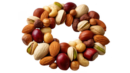 Assortment of nuts arranged in a circle isolated on transparent background