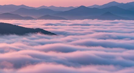 Serene vista of pink tinted fog rolling over the silhouette mountain range