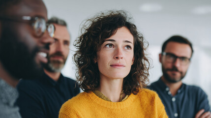 Team brainstorming session in a modern office, colleagues collaborating on ideas around a table with whiteboard, sticky notes, markers; dynamic, creative, and focused workspace atmosphere. 
