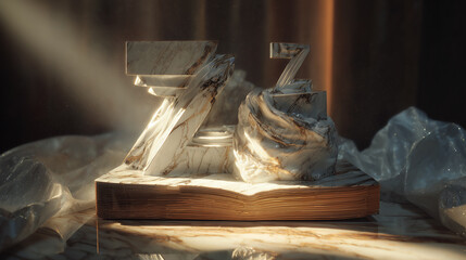 Two marble sculptures depicting uppercase letters 'ZZ' rest on a marble base. The artwork is dramatically lit, surrounded by flowing, reflective white fabric.