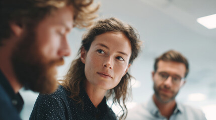 Team brainstorming session in a modern office, colleagues collaborating on ideas around a table with whiteboard, sticky notes, markers; dynamic, creative, and focused workspace atmosphere. 