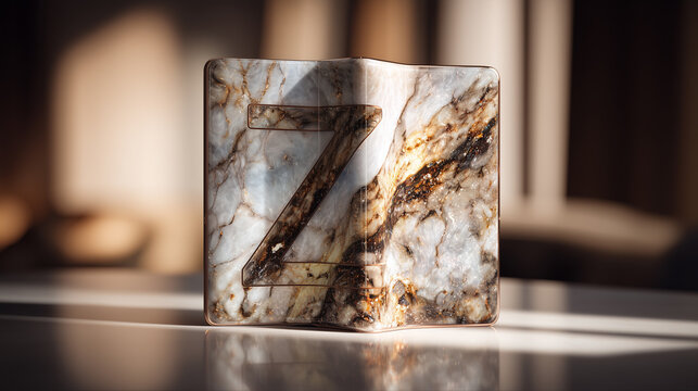 A marble sculpture features a curved surface with the letter "Z" etched into it. The piece is placed on a smooth, glossy table, with soft, natural lighting in the background.