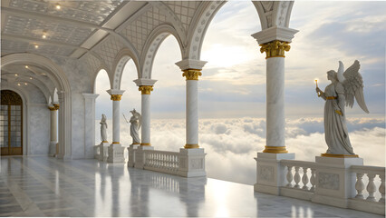 Ornate hall with angel statues and marble columns