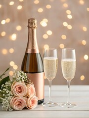 Champagne bottle with glasses and roses flowers