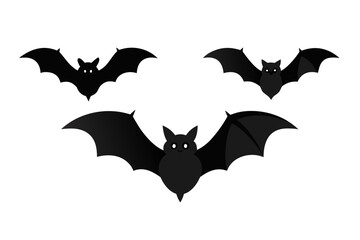 Three cute black bat silhouettes flying against a white background