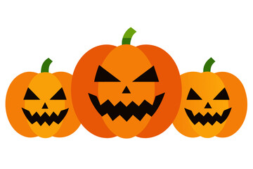 Three spooky jack o lanterns with grinning faces on white background