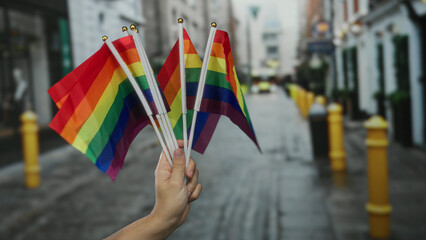 Hand holding multiple rainbow flags on a city street signifies lgbtq pride in a vibrant urban...
