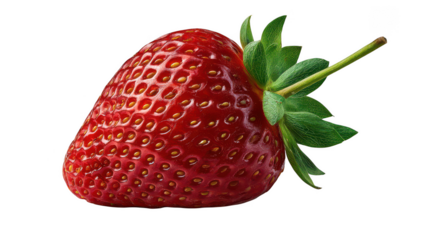 Ripe red strawberry with green leaves isolated on transparent background