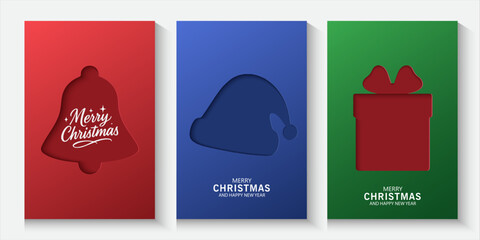 Christmas banner with cutout designs on blue, green, red background. Christmas minimal poster ,flayes, cards with Xmas tree, ornament ball, gift box, snowflakes inside shadow, merry Christmas for ads.