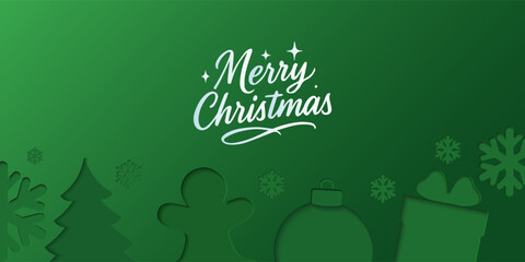 Christmas banner with cutout designs on blue, green, red background. Christmas minimal poster ,flayes, cards with Xmas tree, ornament ball, gift box, snowflakes inside shadow, merry Christmas for ads.