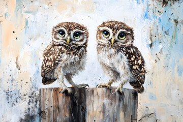 two owls are sitting on a wooden post
