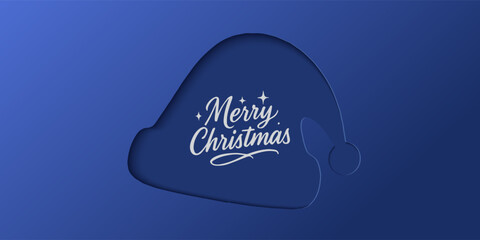 Christmas banner with cutout designs on blue, green, red background. Christmas minimal poster ,flayes, cards with Xmas tree, ornament ball, gift box, snowflakes inside shadow, merry Christmas for ads.