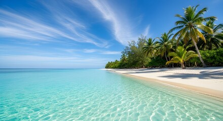 Tropical beach paradise with clear water and palm trees under a blue sky