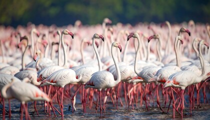 Flock of pink flamingos in shallow water