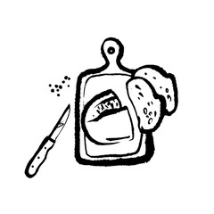 Sketch cutting board, knife and bread. Cozy handmade bakery design. Whimsical hand drawn vector illustration