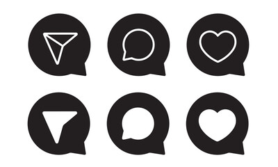 Social Messaging Icon Set. Directional Triangles, Chat Bubbles, and Heart Symbols in Circular Format.