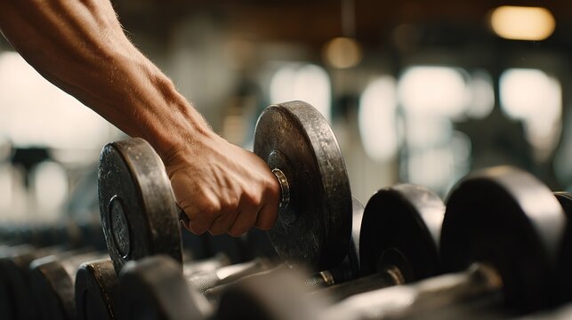 Close up of  person's hand gripping  heavy dumbbell in  gym setting weight - Powered by Adobe