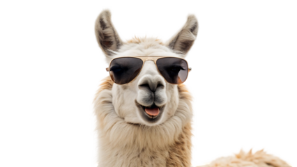 closeup head face portrait of funny happy llama wearing sunglasses, isolated on white on white background. exotic fluffy peru alpaca animal, adorable zoo wildlife livestock 84573346 1