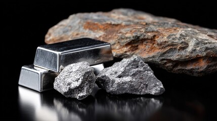 Stacked silver bars with raw ore chunks and rock on black reflective surface