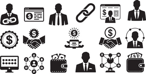 Business icons depicting finance and networking money handshake