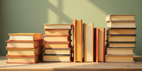Fototapeta premium Stacks of hardcover books arranged on a wooden surface in bright, natural light.