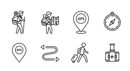 A simple travel and navigation icon set featuring a hiker, map, compass, and luggage for tourism concepts