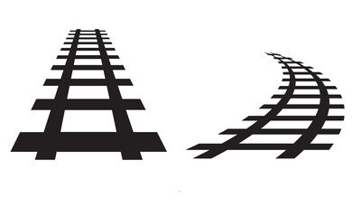 Straight and Curved Railroad Track Silhouettes. Comparative Rail Design Icons in Monochrome.