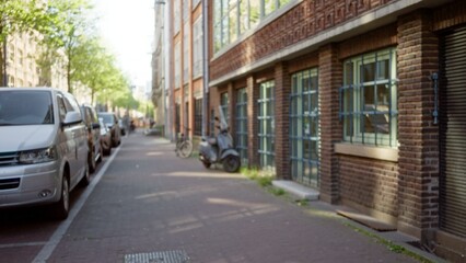 Blurred city street in amsterdam with defocused buildings, vehicles, and bicycles creates a bokeh effect, highlighting urban architecture under clear skies.