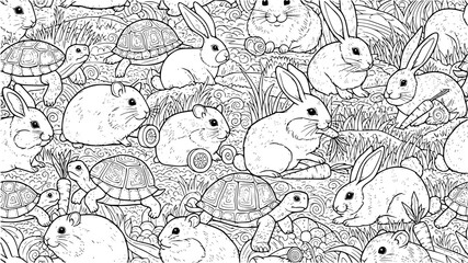 Fototapeta premium A charming seamless pattern of cute hamsters, rabbits, and turtles in a natural grassy environment