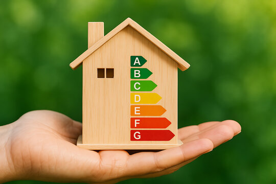 Energy efficiency house icon with green rating levels showing sustainable home model eco friendly real estate saving smart living rating environment concept awareness