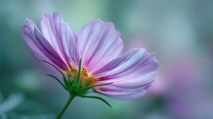 Close-up Abstract Macro of Light Purple Petals with Yellow Center on Soft Green and Purple Background