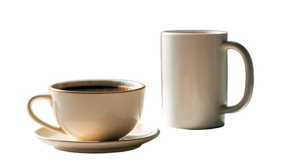 Obraz premium rise and shine with hot coffee, cup and mug isolated on white in typography art, calligraphy on drink menu at cafe, morning sun with vintage steam 90954669 1