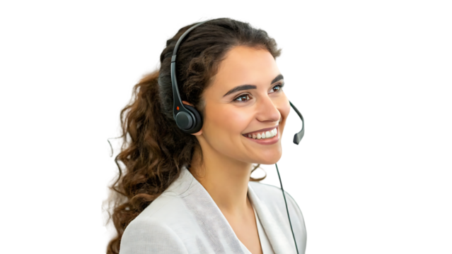 smiling call center operator, young female assistant with headset, professional customer service agent, happy communication worker portrait, business support staff 86808356 1