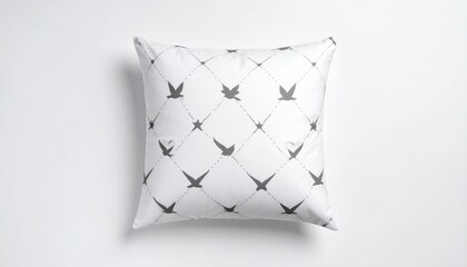 Geometric Elegance: White Pillow with Grey Flying Birds and Stars Pattern.