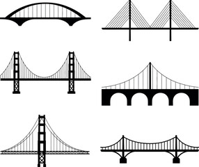 Obraz premium Six black silhouette bridge designs including suspension and arch styles suspension bridge arch bridge