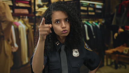 Young hispanic woman in police uniform stands in a retail clothing store, looking determined and focused indoors, showcasing professional authority within a shopping environment.