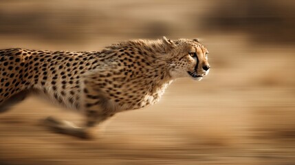 Obraz premium A cheetah sprinting gracefully across the blurred savanna landscape.