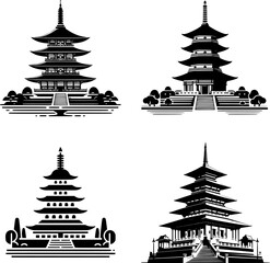 set of four black and white flat vector of a buddhist stupa icon, balanced minimalist architecture