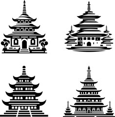 set of four black and white flat vector of a buddhist stupa icon, balanced minimalist architecture