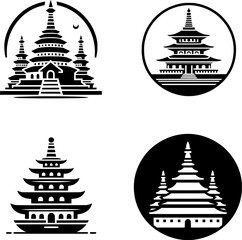 set of four black and white flat vector of a buddhist stupa icon, balanced minimalist architecture