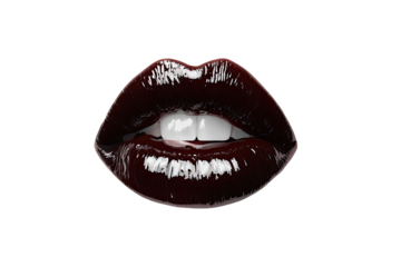 Close-up of a woman's dark burgundy lips.  Glossy,  full lips, teeth visible