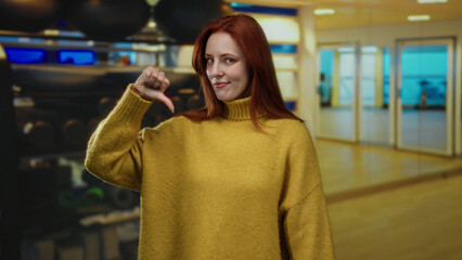 Woman with redhead hair wearing yellow sweater in a gym gestures with finger, showcasing attraction within an indoor sports center atmosphere.